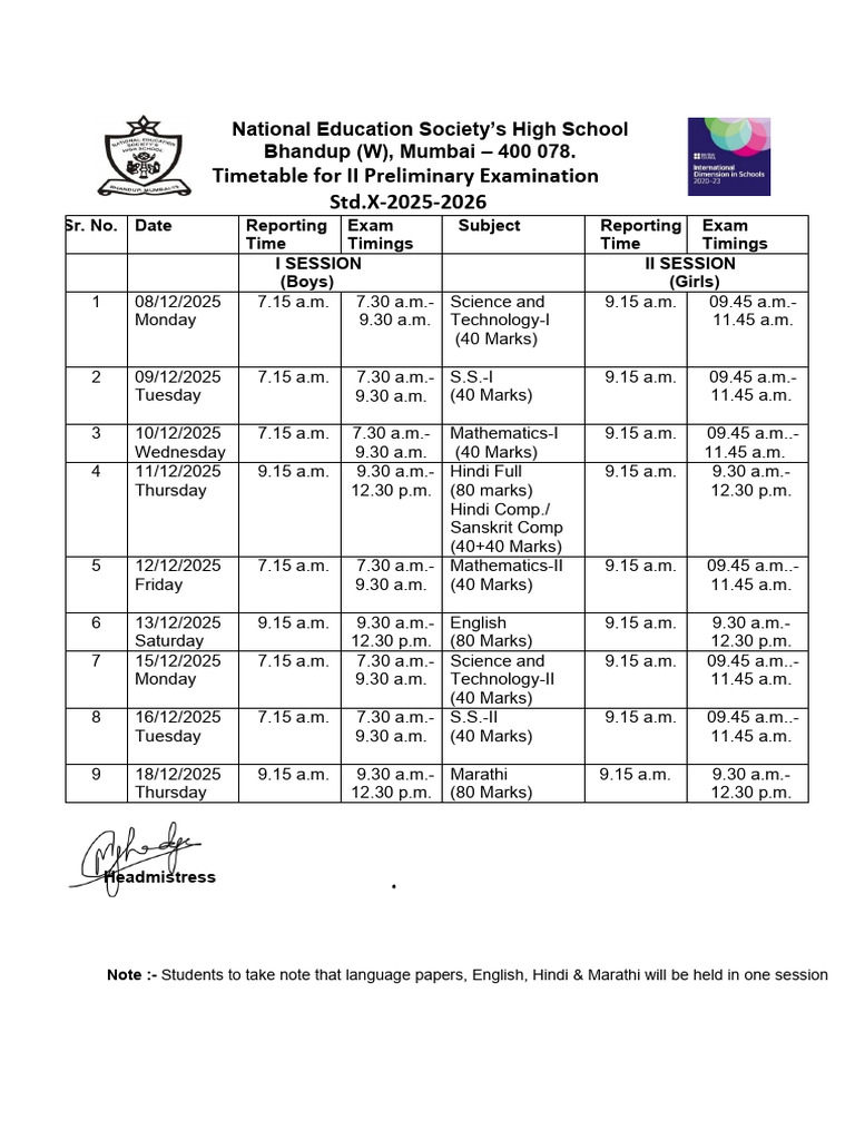 Std X II Preliminary Exam Timetable 2025 | PDF