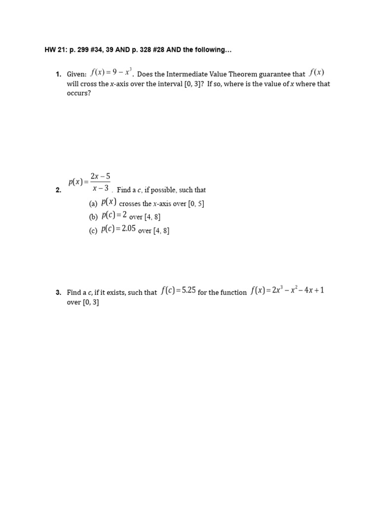 Intermediate Value Theorem Homework Tasks | PDF