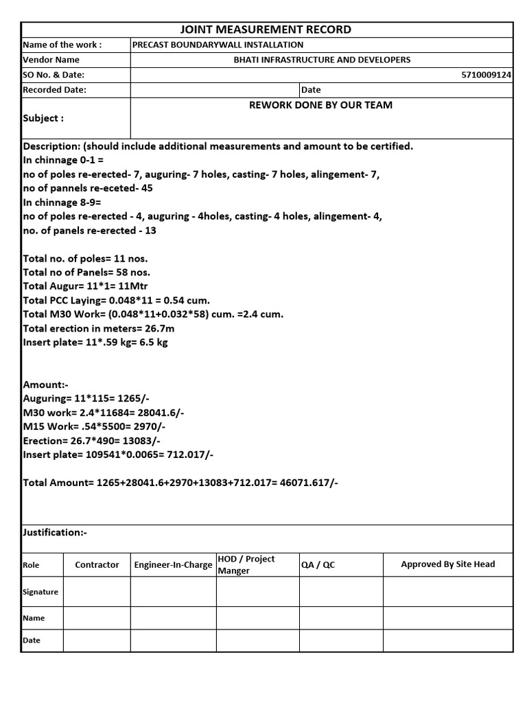 Joint Measurement Record for Boundary Wall | PDF