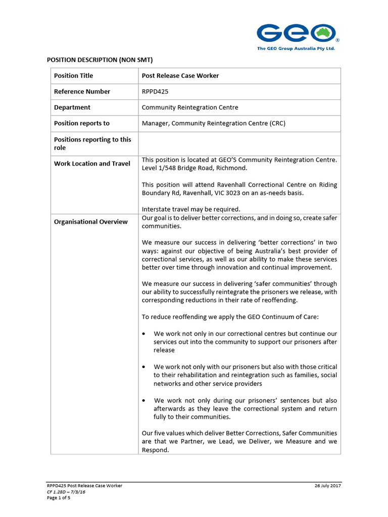 Post Release Case Worker Position Description | PDF | Prison | Safety
