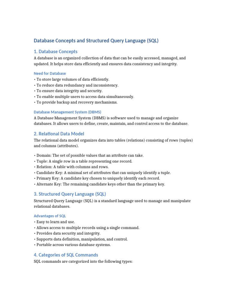 Database Concepts and SQL Notes-1 | PDF | Relational Model | Sql