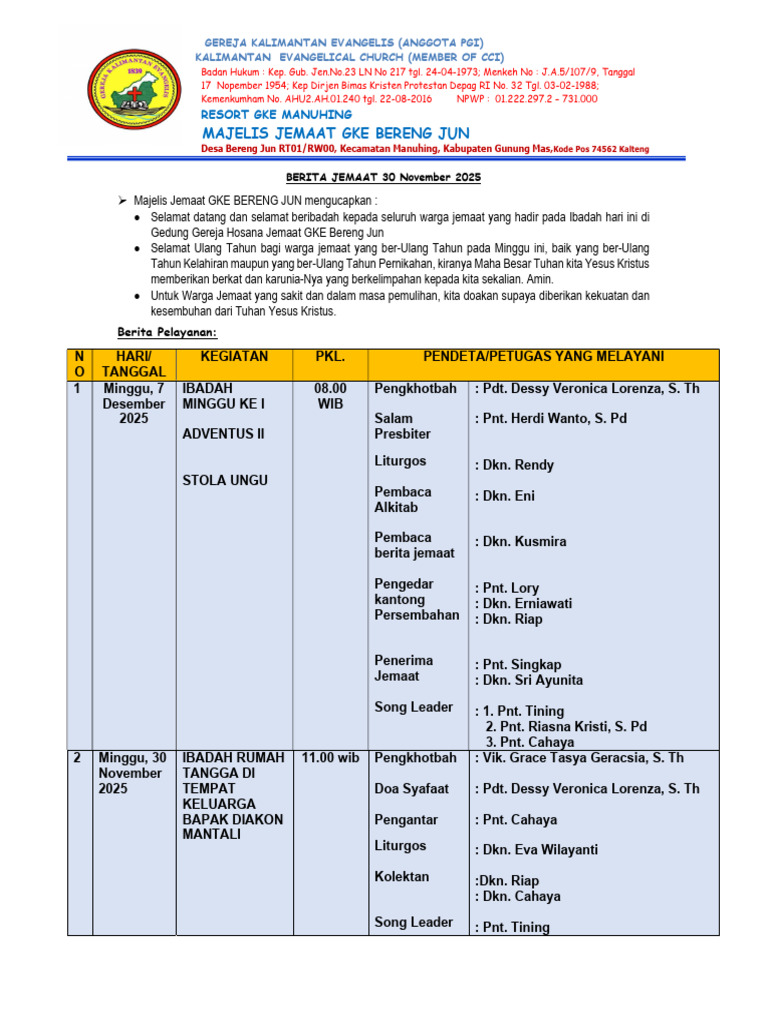 Berita Jemaat GKE Bereng Jun 30 Nov 2025 | PDF