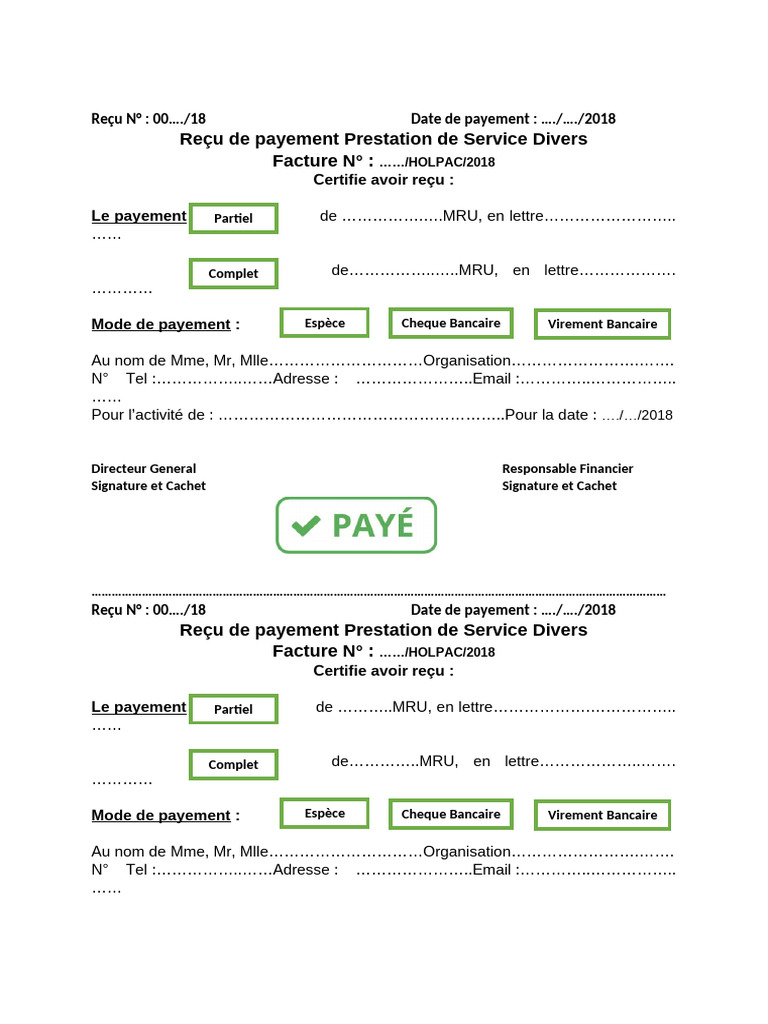 Reçu de Paiement pour Services Divers | PDF