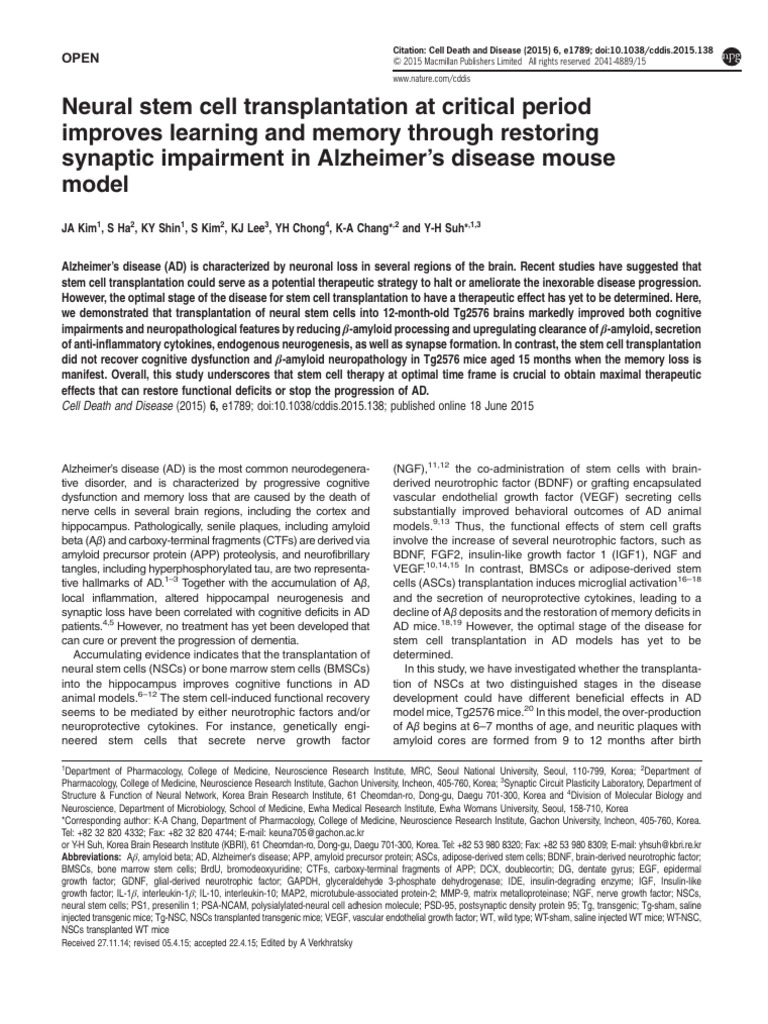 Neural Stem Cells Enhance Memory in AD | PDF | Amyloid Beta | Hippocampus