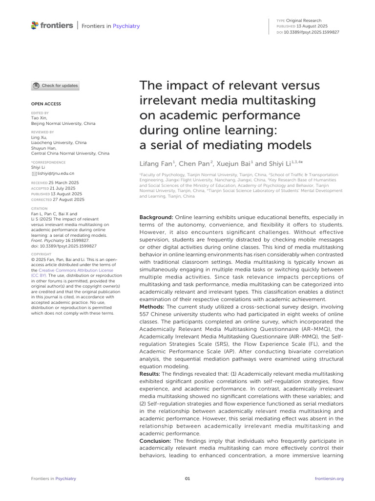 Media Multitasking and Academic Performance | PDF | Emotional Self ...