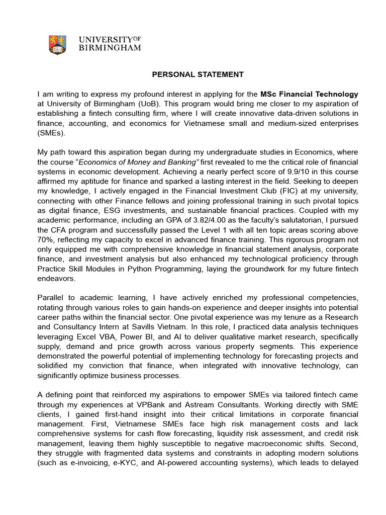University of Birmingham - PERSONAL STATEMENT | PDF | Financial ...