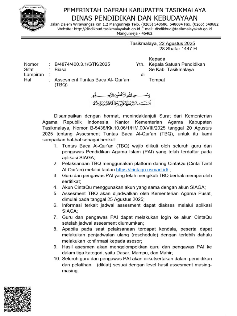 SK134 Assesment Tuntas Baca Al- Qur’an (TBQ) | PDF
