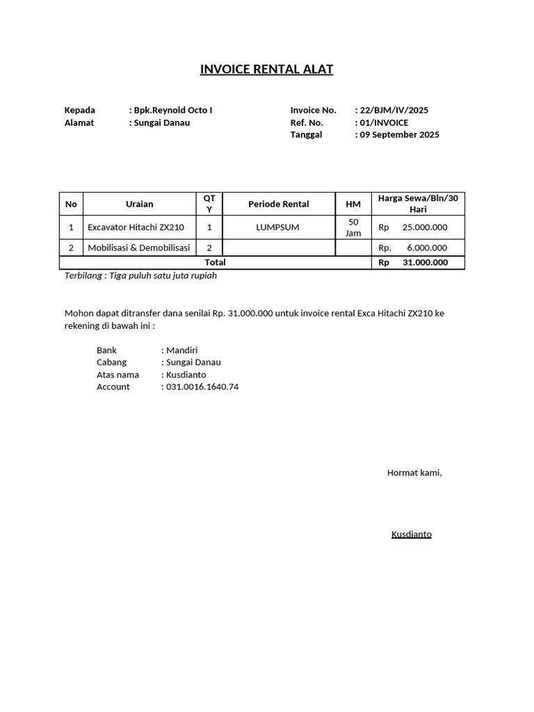 Invoice Rental Excavator Hitachi ZX210 | PDF