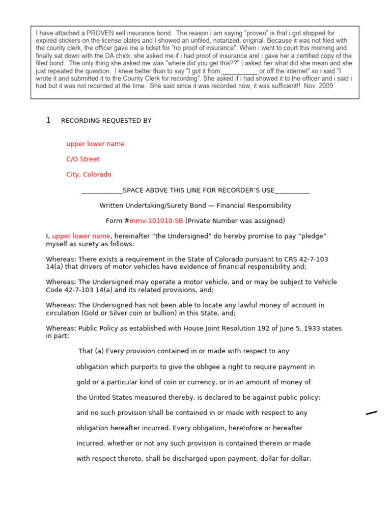 Vehicle Insurance Bond 10 09 | PDF | United States Dollar | Legal Tender