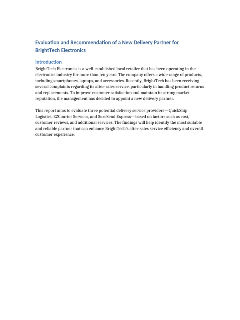 Evaluation and Recommendation of A New Delivery Partner For BrightTech ...