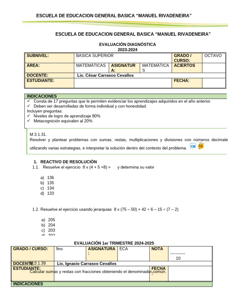 Evaluación 9no 1 Trimestre 2024 2025 Eca | PDF | Cognición | Aprendizaje