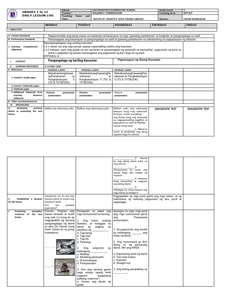 DLL Epp He 5 q1 w1 | PDF