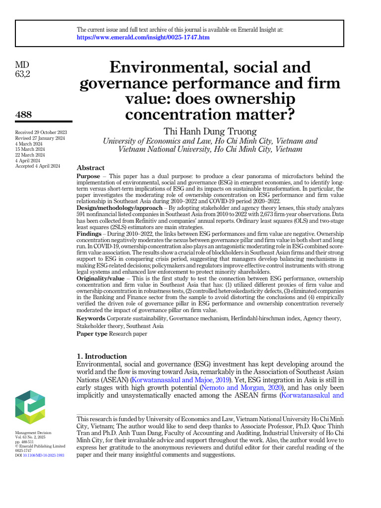 ESG Performance and Firm Value in SEA | PDF | Regression Analysis ...