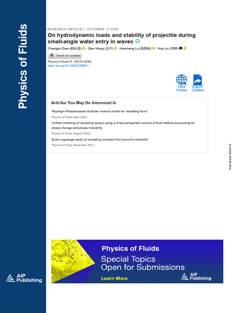 (POF)关于弹体在波浪中小角度入水时的水动力载荷及其稳定性 | PDF | Fluid Dynamics | Waves