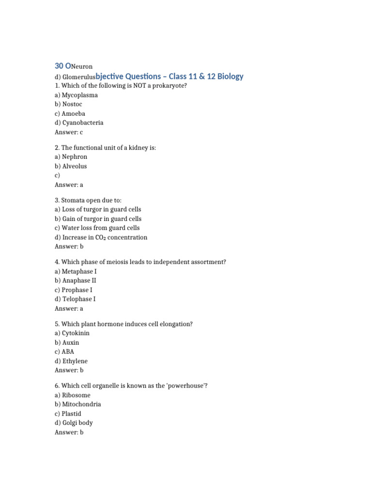 30 Objective Questions Biology | PDF | Meiosis | Cell (Biology)