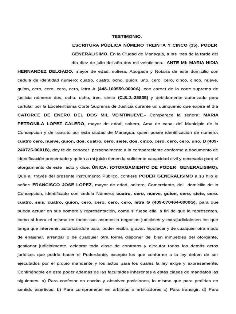Poder Generalísimo Notarial en Managua | PDF