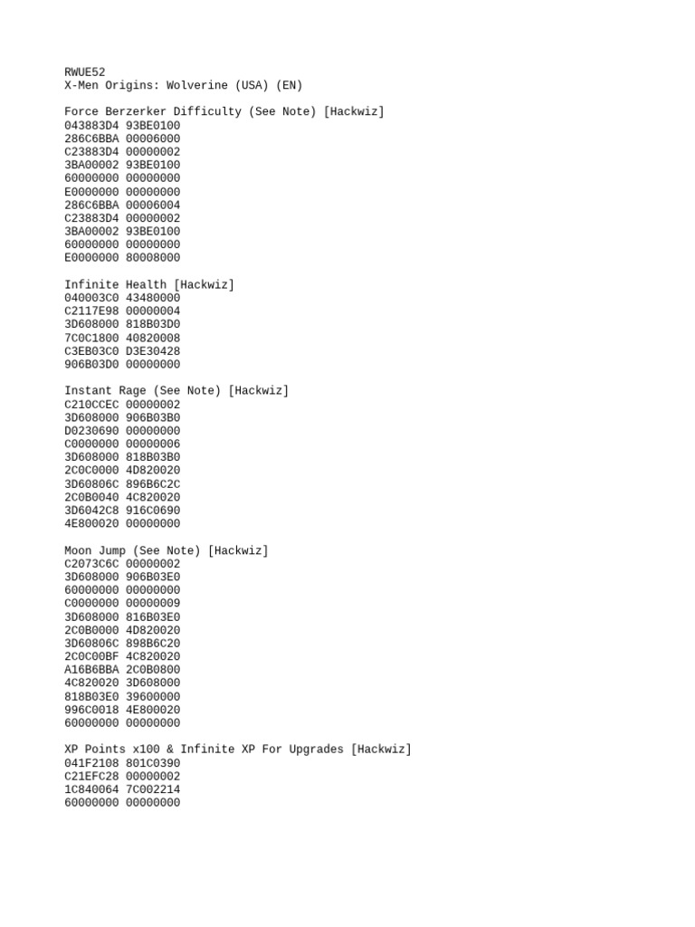 X-Men Origins: Wolverine Cheat Codes | PDF