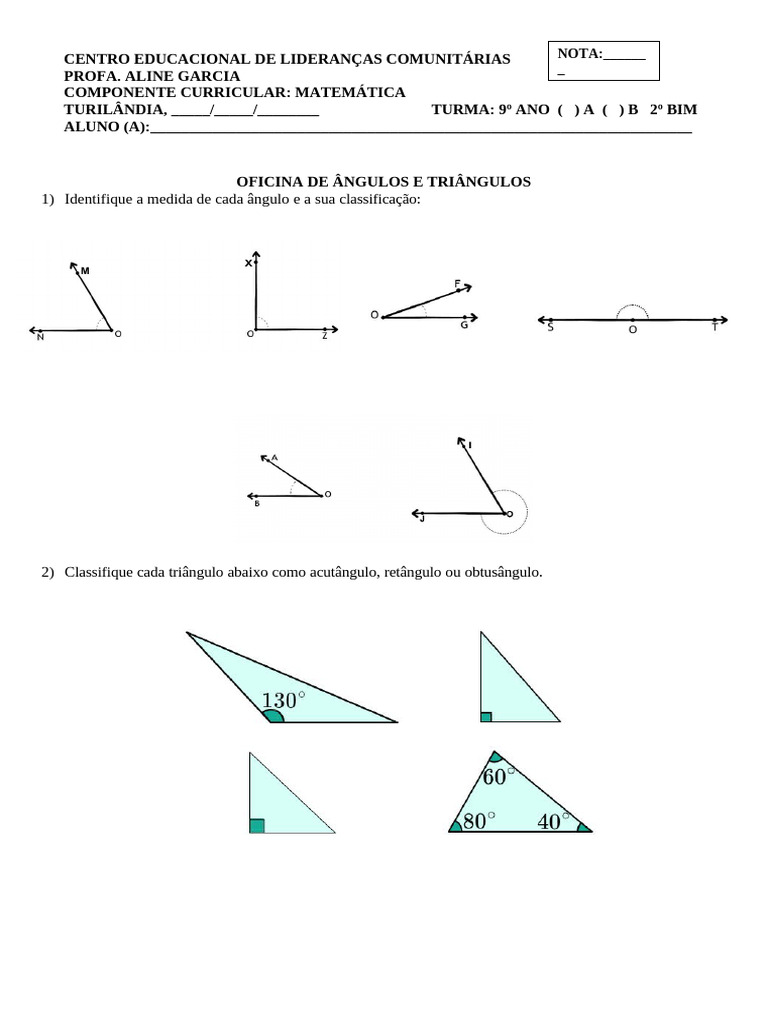 Oficina de Ângulos e Triângulos 9º Ano | PDF