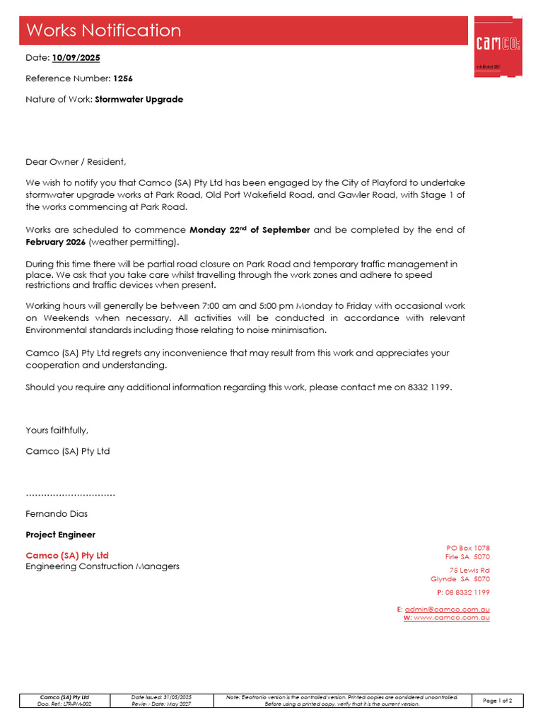 Works Notification I Park Road Virginia | PDF