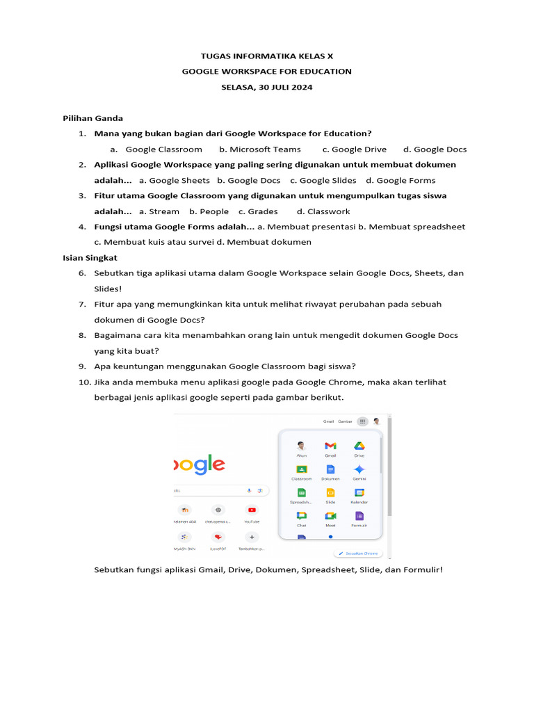 Tugas Informatika: Google Workspace Kelas X | PDF