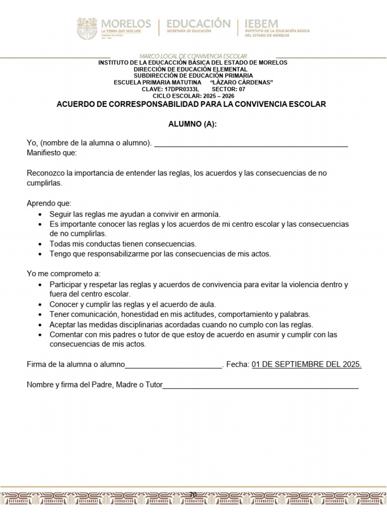 Acuerdo de Convivencia Escolar 2025-2026 | PDF | Educación primaria ...