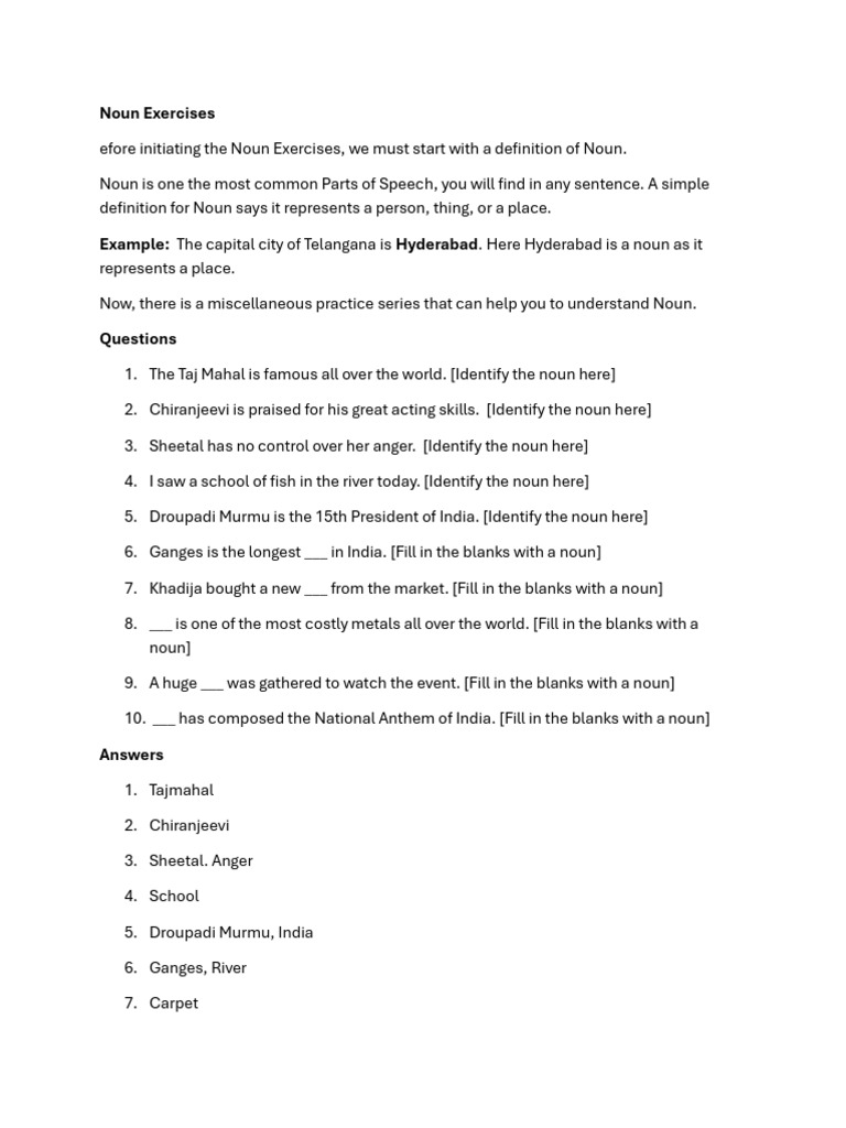 Parts of Speech Exercises and Answers | PDF | Adverb | Verb