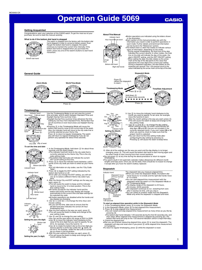 CASIO Watch Operation Guide 5069 | PDF | Clock