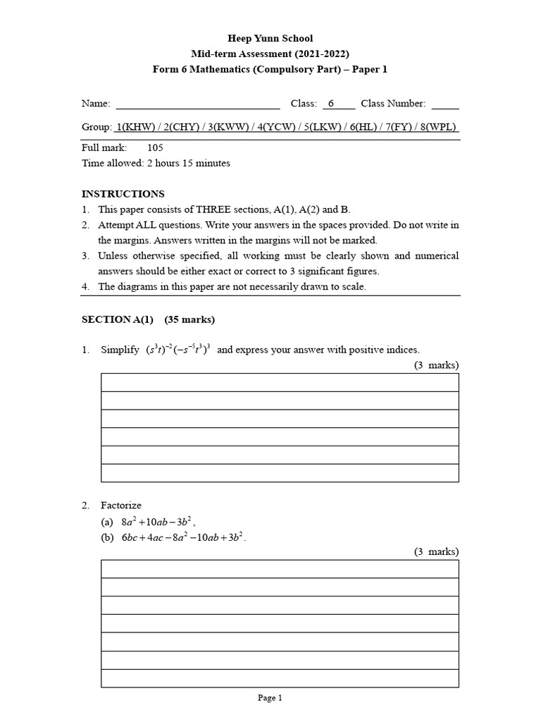Form 6 Mathematics Mid-term Exam 2021-2022 | PDF | Elementary ...