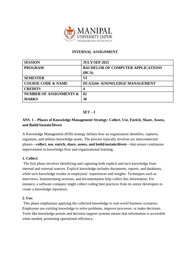 AssignmentDCA3244 Knowledge Management | PDF | Fuzzy Logic | Tacit ...