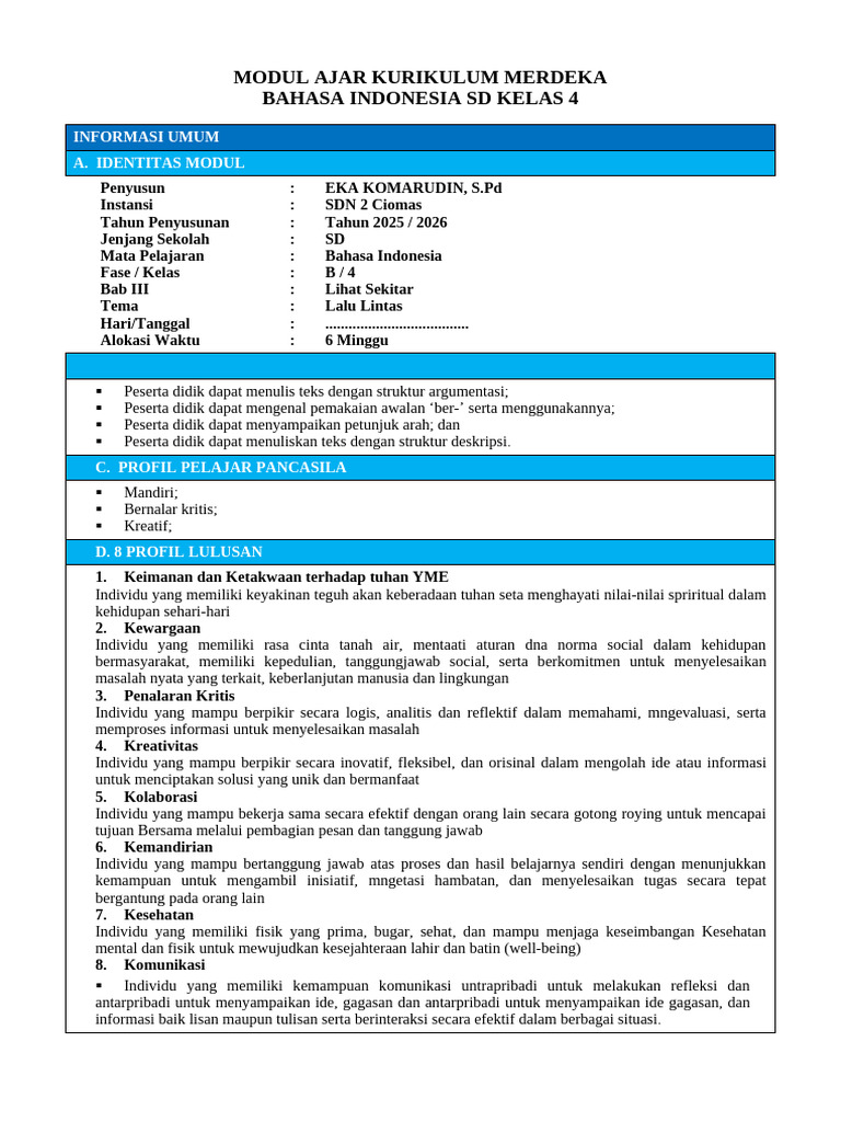 Modul Ajar Bahasa Indonesia SD Kelas 4 | PDF