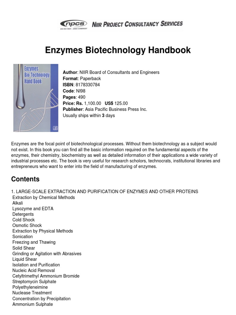 Enzymes Biotechnology Handbook PDF Enzyme Chemical Reactor