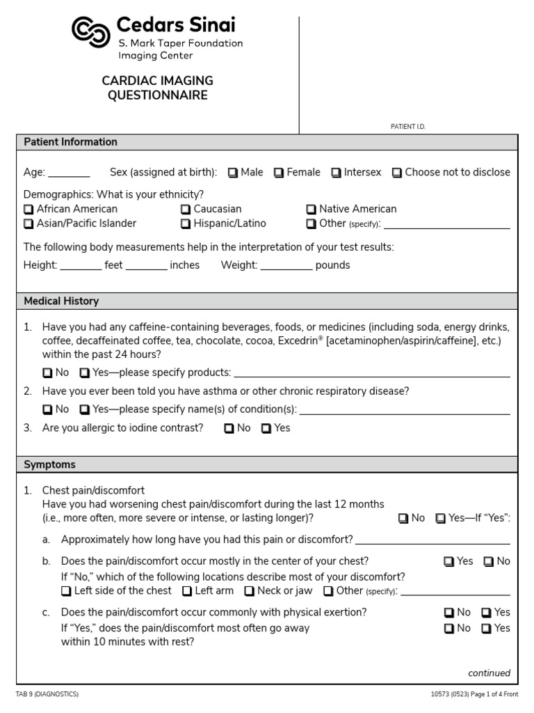 Cardiac Imaging Patient Questionnaire | PDF | Myocardial Infarction ...
