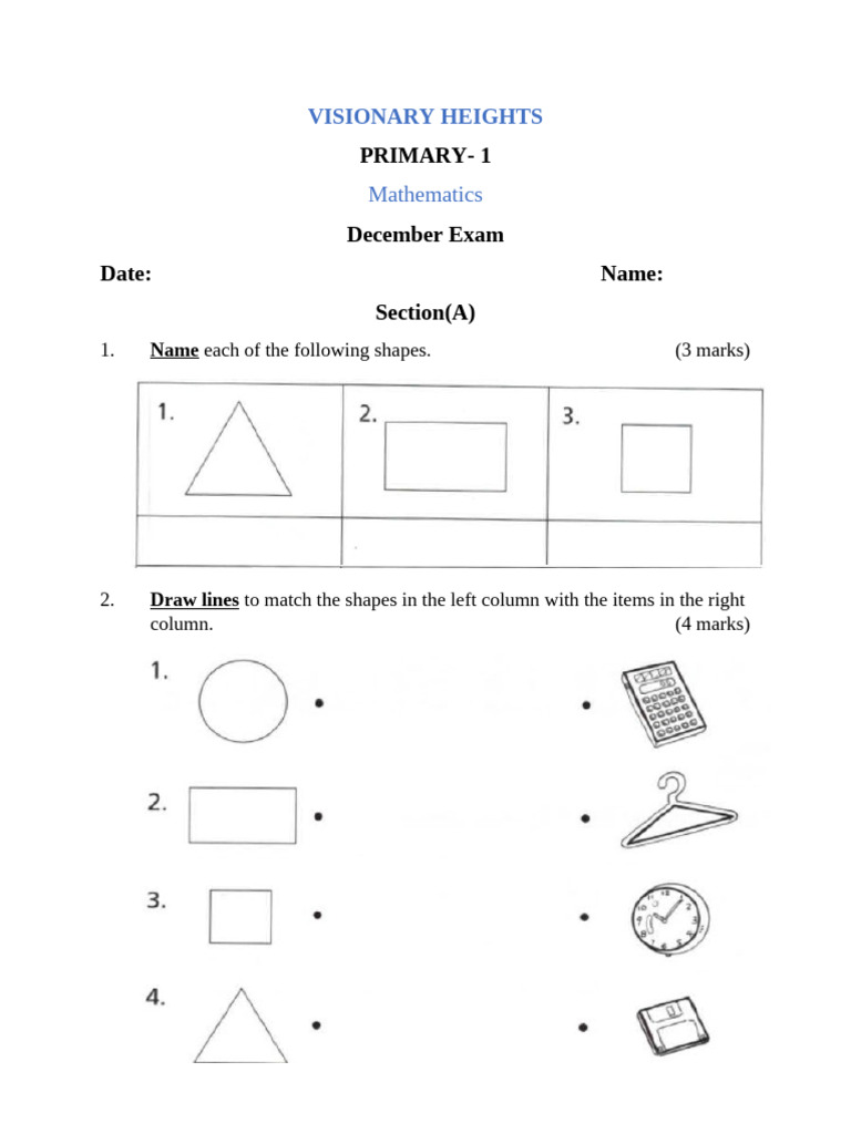Primary Math Exam: Shapes & Positions | PDF