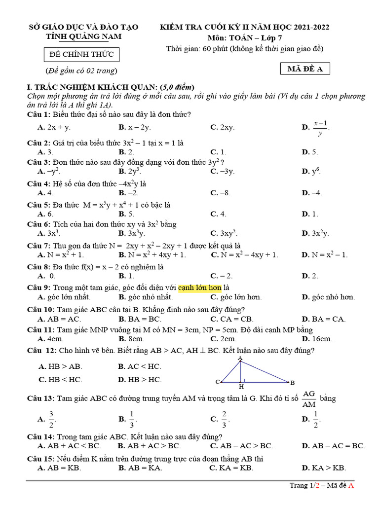 De Kiem Tra Cuoi Ky 2 Toan 7 Nam 2021 2022 So GDDT Quang Nam | PDF