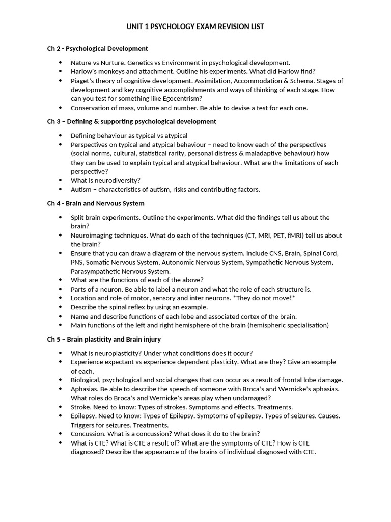 Year 11 Unit 1 Exam Revision List | PDF | Nervous System ...