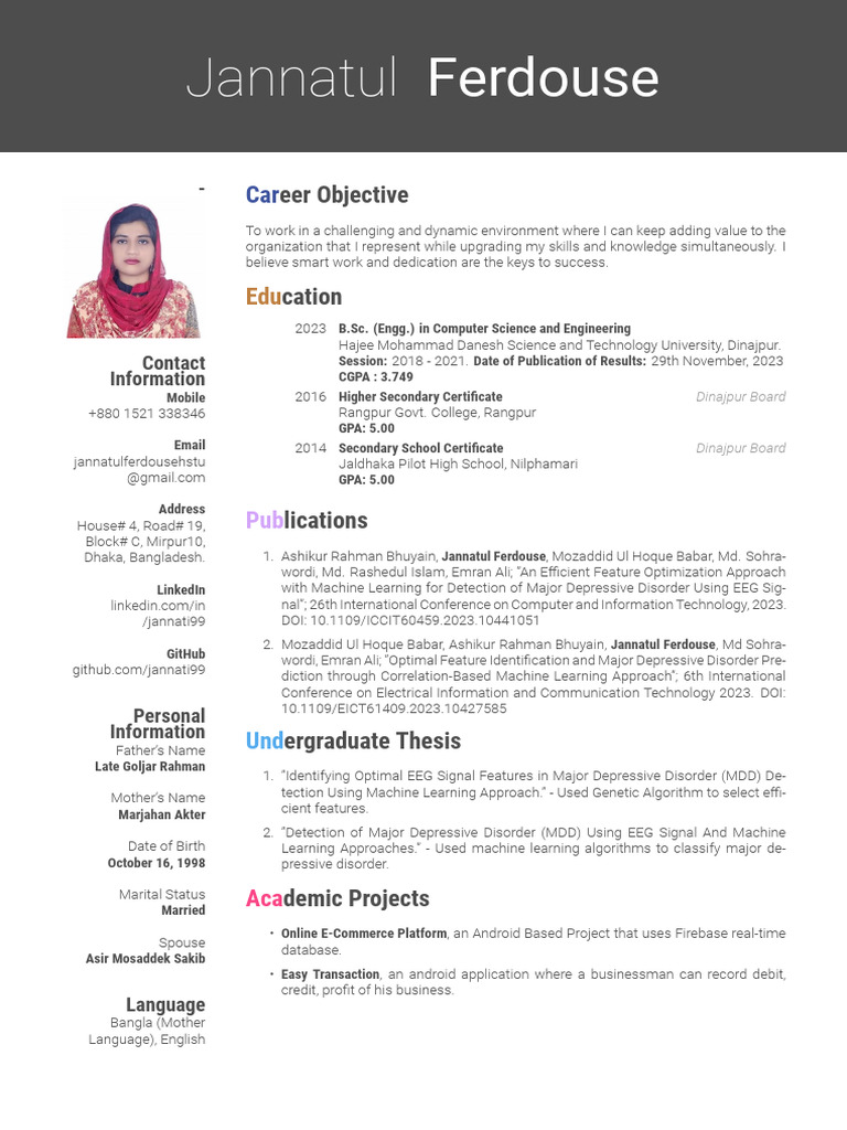 CV of Jannatul Ferdouse | PDF | Computer Programming | Computing