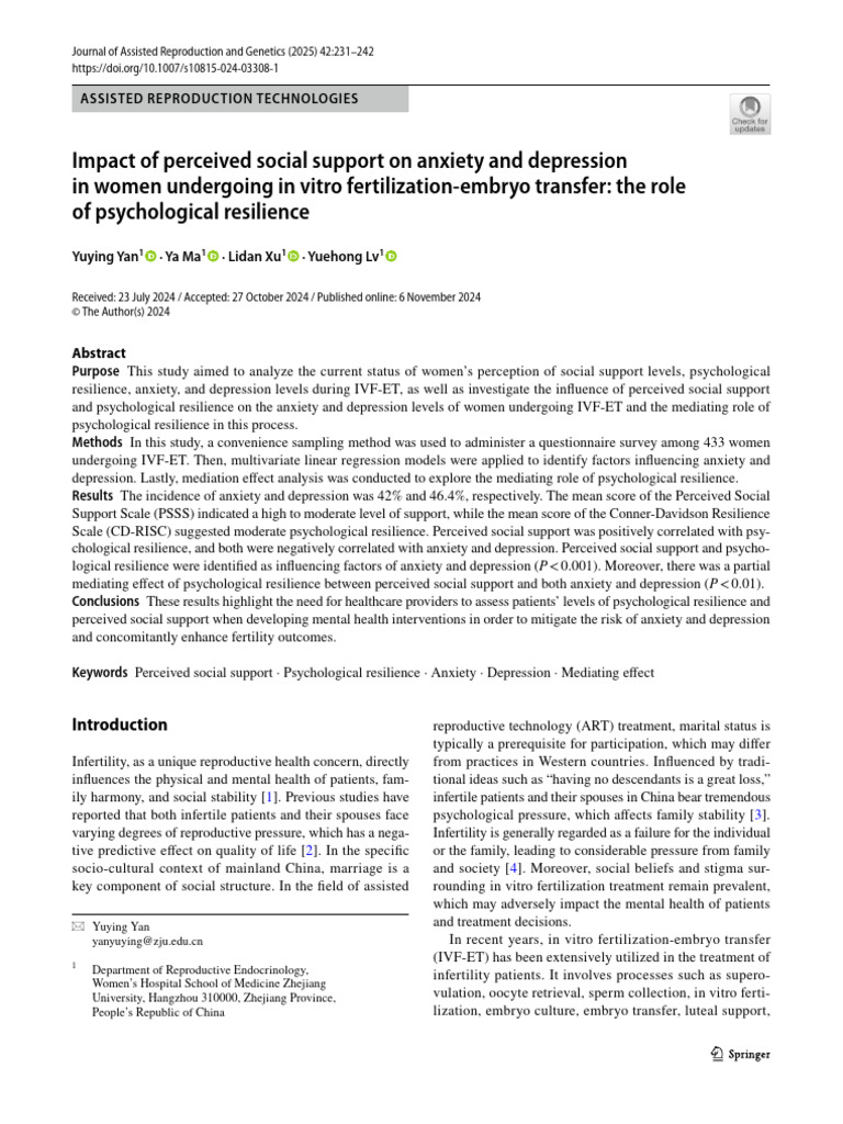 Social Support's Impact on IVF Anxiety | PDF | Psychological Resilience ...