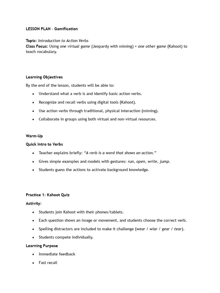 Gamified Lesson Plan: Action Verbs | PDF