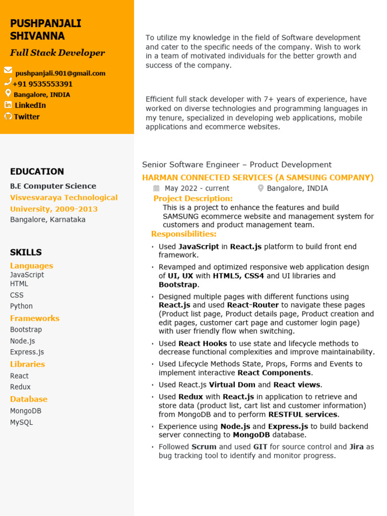Full Stack Developer Resume - Pushpanjali | PDF | Share Point | Java Script
