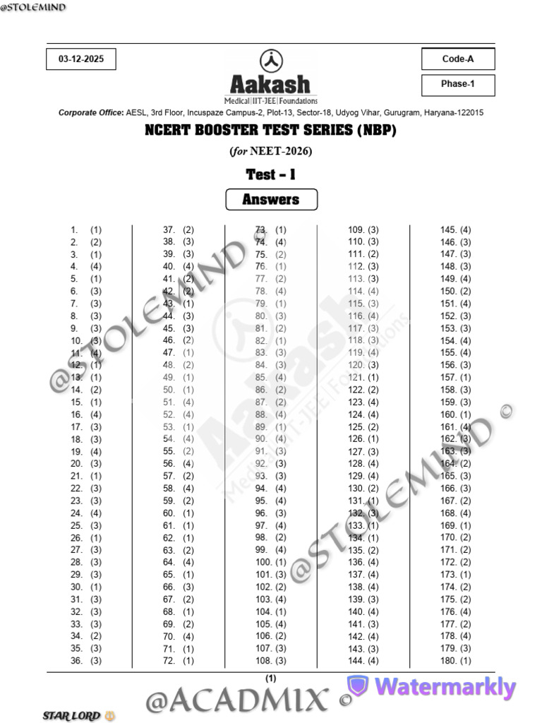 NEET 2026 NCERT Booster Test 1 Answers | PDF | Chess | Chess Theory