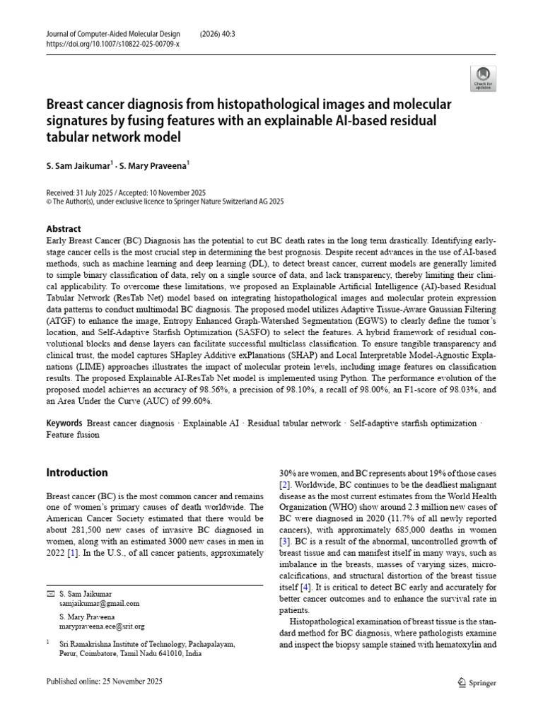 Breast Cancer Diagnosis From Histopathological Images and Molecular ...