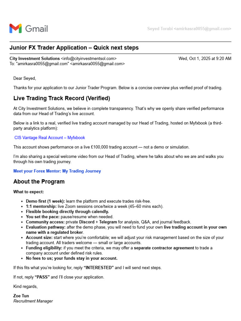 Junior FX Trader Application - Quick Next Steps | PDF