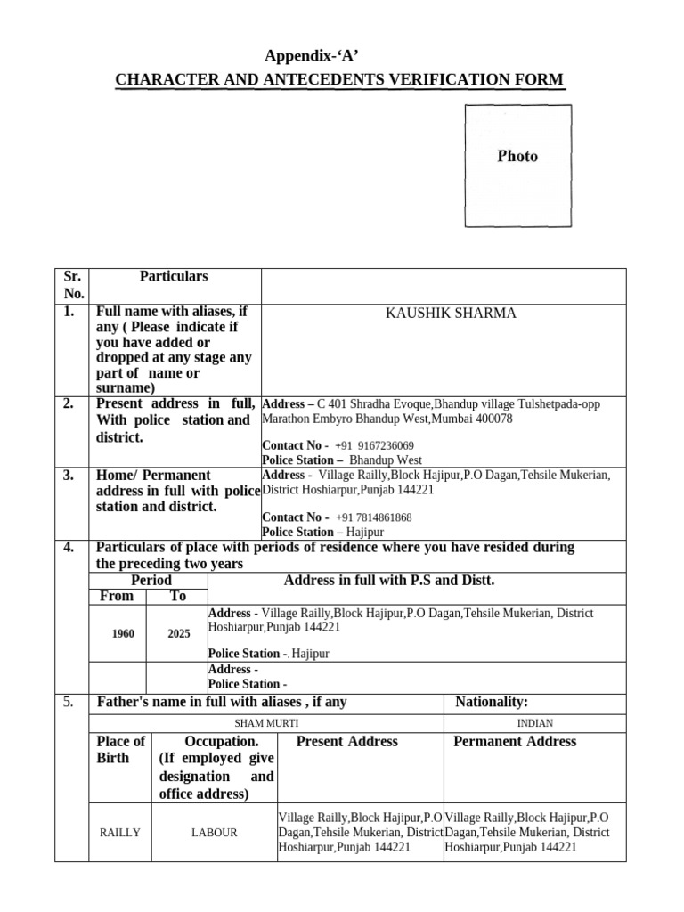 Character and Antecedents Verification Form | PDF