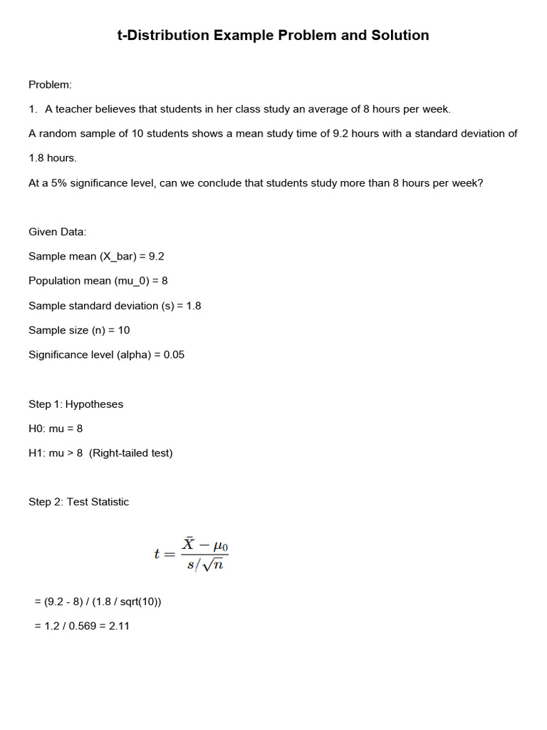 t-Distribution Hypothesis Testing Examples | PDF | P Value ...
