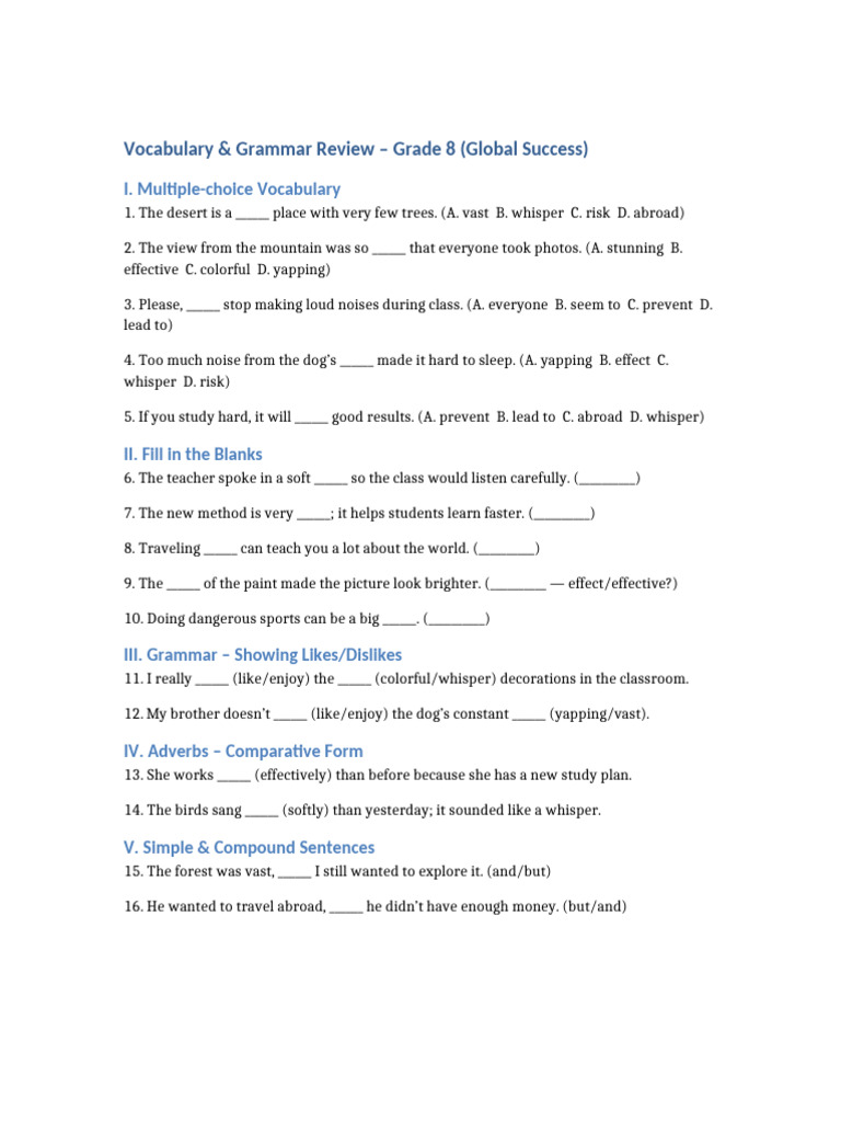 Grade 8 Vocabulary & Grammar Review | PDF