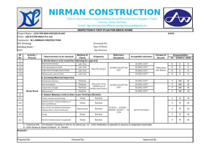 Brick Work Inspection & Test Plan | PDF | Brick | Masonry