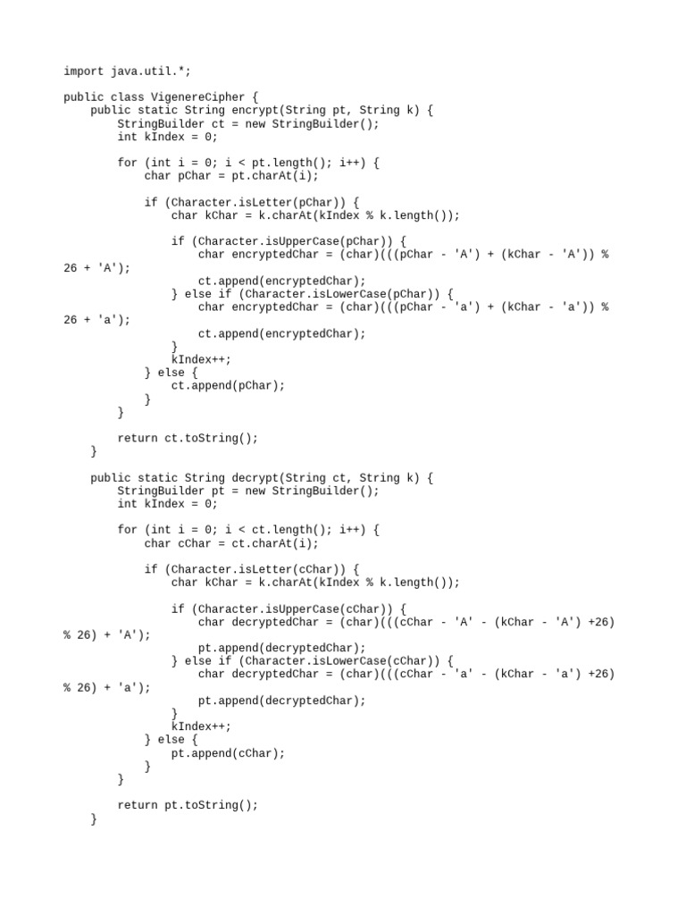 Vigenere Cipher Java Implementation | PDF