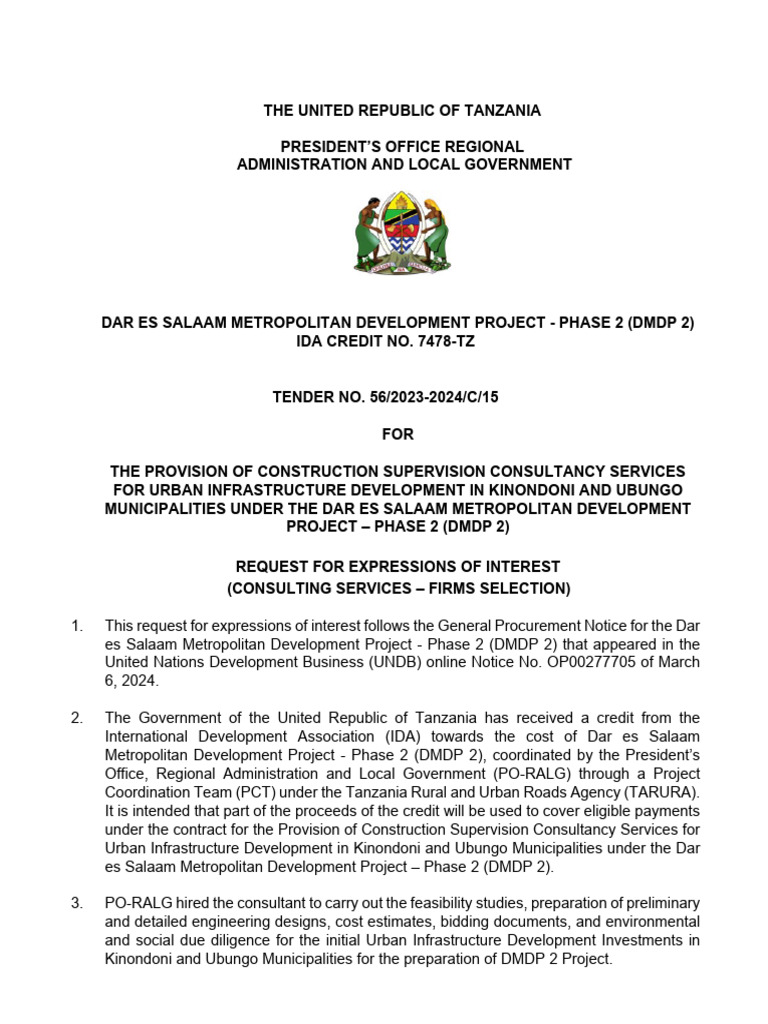 REOI Advert and TOR for CSC DMDP 2 Kinondoni Ubungo | PDF ...