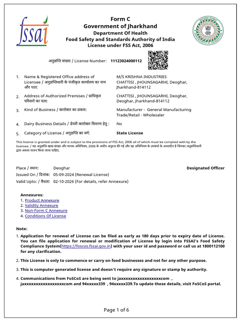 Jharkhand FSSAI License Form C Details | PDF | Cereals | Flour