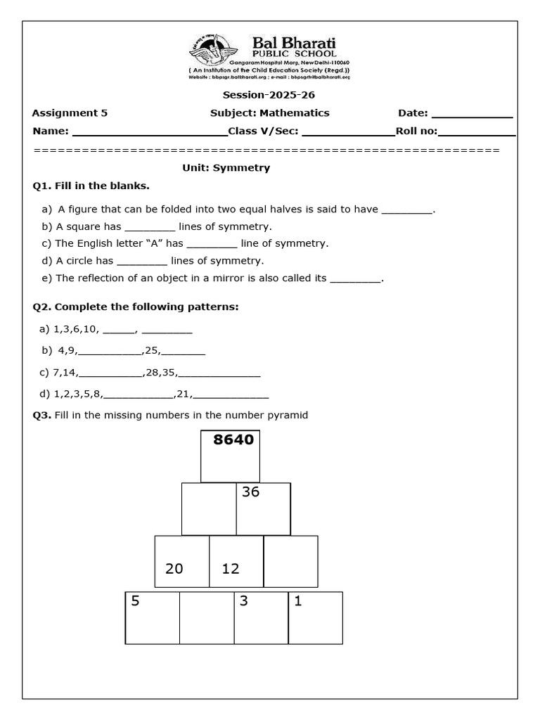 Mathematics Assignment for Class V: Symmetry, Fractions, Decimals | PDF ...